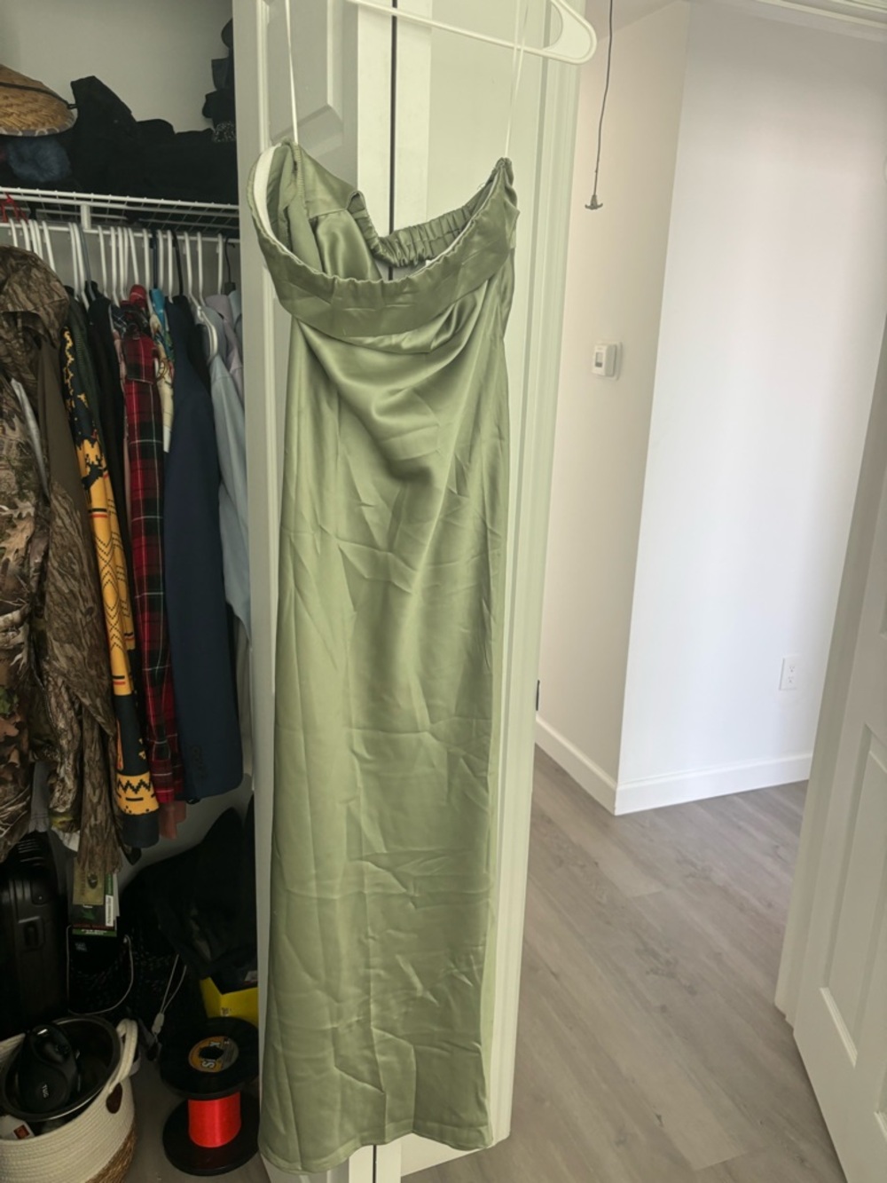 Hello Molly Olive Green Satin Strapless Maxi Dress